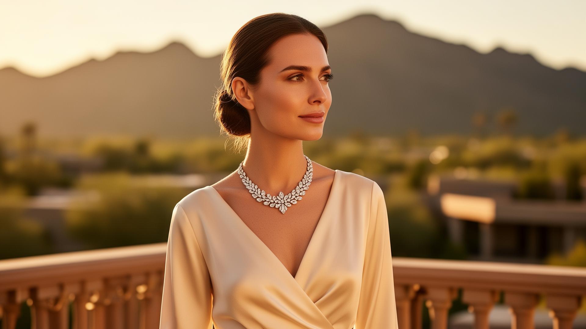 Golden hour portrait with diamond necklace